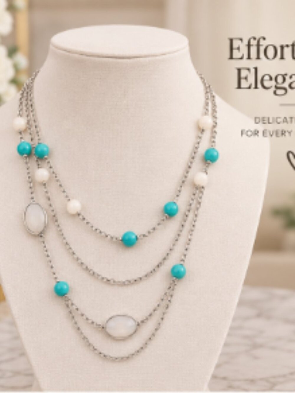 New York & Company Silver & Turquoise Multi-Layer Necklace – 16”